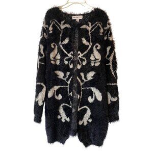 Lanalee Black & White Fuzzy Knit Floral Open Cardigan Sweater Medium